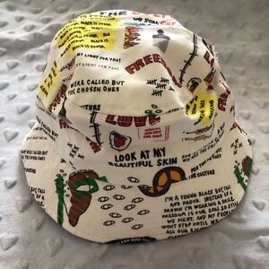 Graphic Text Print Bucket Hat — White with Multicolor Graphics